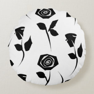 Black & White Rose Pattern Round Cushion