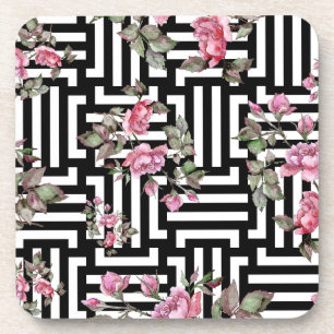 Black/White Rose Watercolor Hard Plastic Coasters