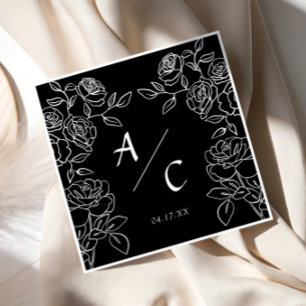 Black White Rose Wedding Couple Monogram Floral Napkin