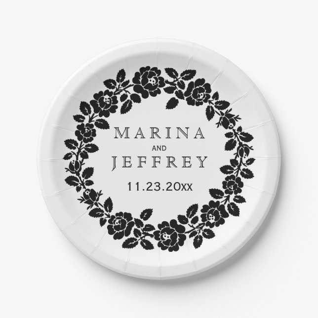 Black white rose wreath modern floral wedding paper plate (Front)