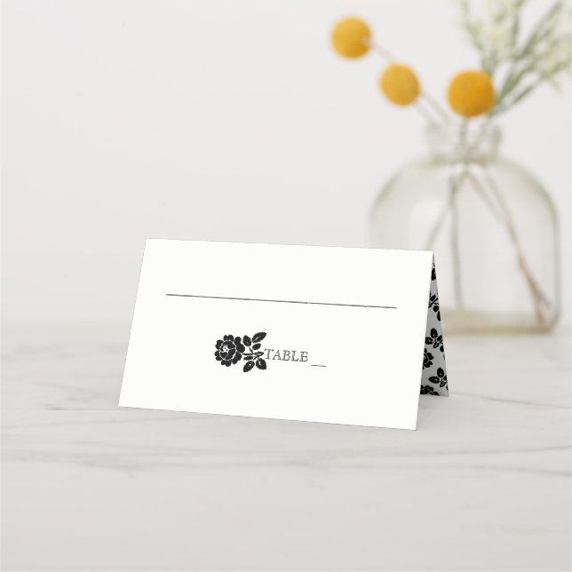 Black white rose wreath wedding folded escort place card (Front)