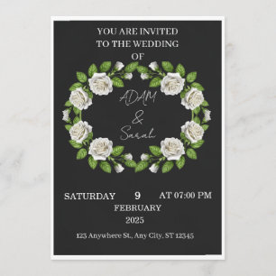 Black & White Rose Wreath Wedding Invitation