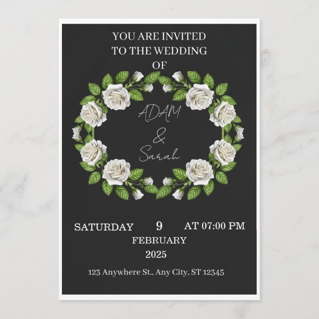 Black & White Rose Wreath Wedding Invitation (Front)