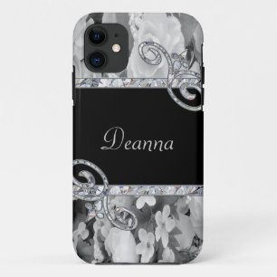 Black & White Roses & Diamond Swirls Monogram Case-Mate iPhone Case