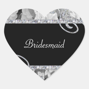 Black & White Roses & Diamond Swirls Wedding Heart Sticker