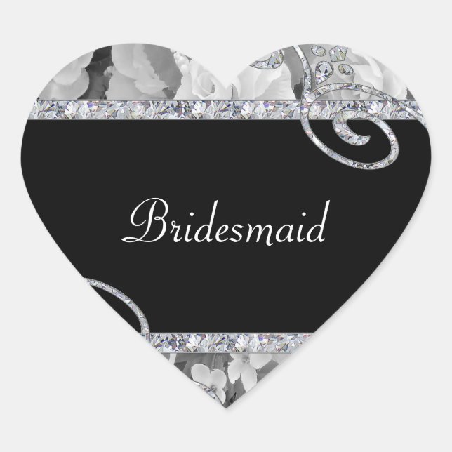 Black & White Roses & Diamond Swirls Wedding Heart Sticker (Front)