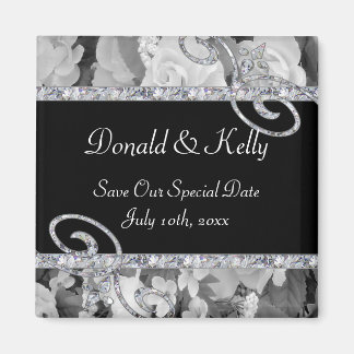 Black & White Roses & Diamond Swirls Wedding Magnet