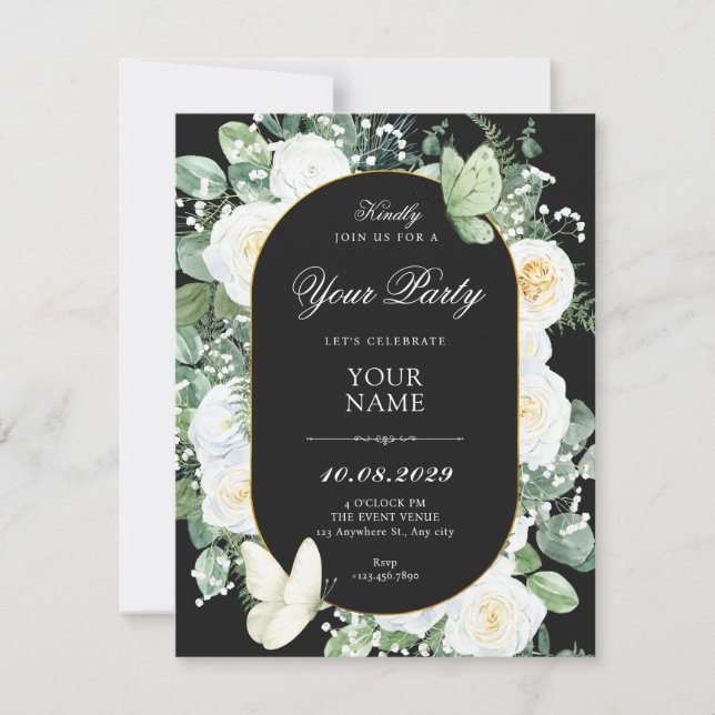 Black White roses floral Invitation (Front)