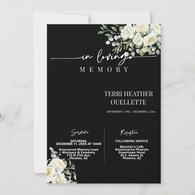 Black White Roses Funeral Memorial Service Photo Invitation (Front)