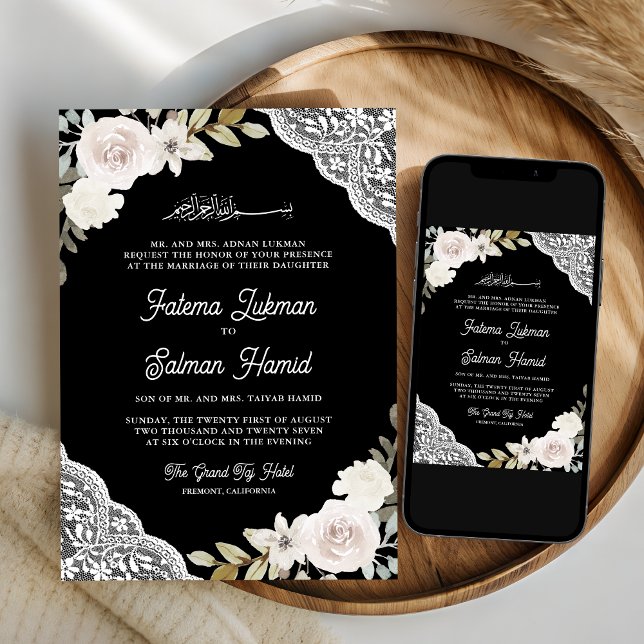 Black White Roses Lace Islamic Muslim Wedding Invitation (Creator Uploaded)