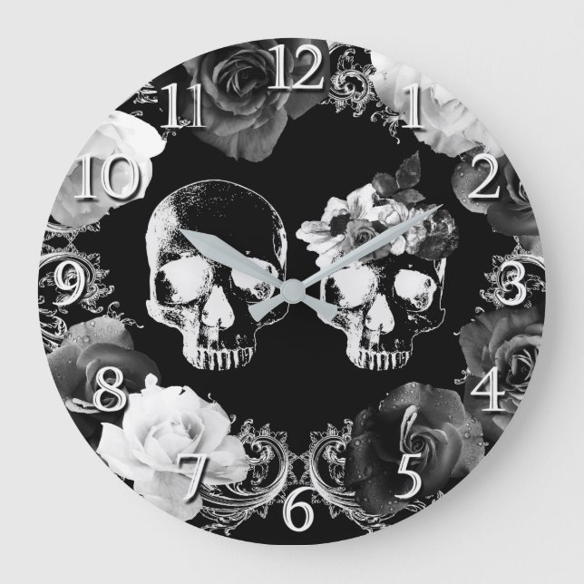 Black White Roses Skeleton Skull Gothic Glam Clock (Front)