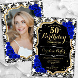 Black White Royal Blue Photo 50th Birthday Invitation<br><div class="desc">Elegant floral feminine 50th birthday invitation with your photo at the back of the card. Glam black white royal blue design with faux glitter gold. Features black and white damask pattern, sapphire blue roses, script font and confetti. Perfect for a stylish adult bday celebration party. Personalise with your own details....</div>