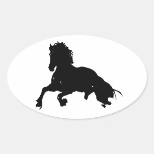 Black White Running Horse Silhouette Oval Sticker