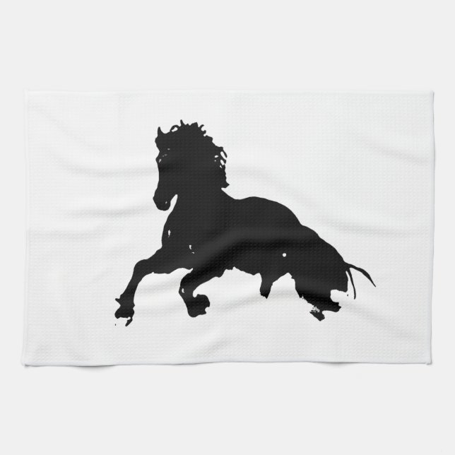 Black White Running Horse Silhouette Tea Towel (Horizontal)