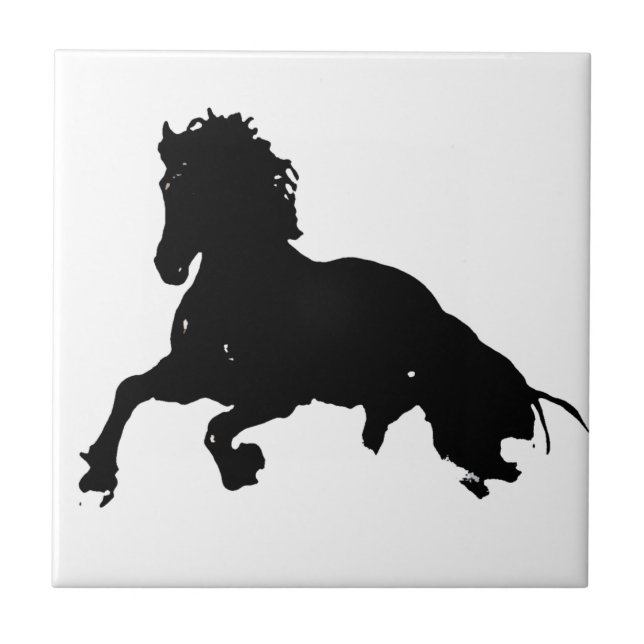Black White Running Horse Silhouette Tile (Front)