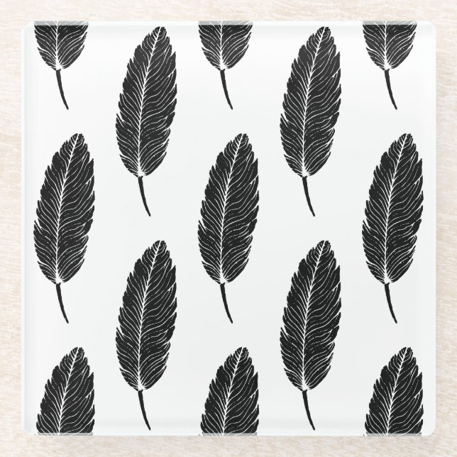 Black & White Rustic Feather Linocut Glass Coaster (Front)