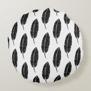 Black & White Rustic Feather Linocut Round Cushion