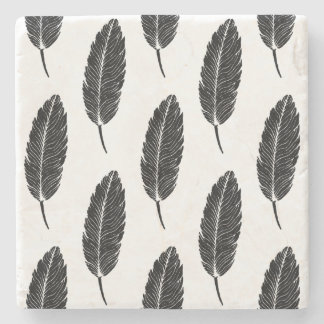Black & White Rustic Feather Linocut Stone Coaster