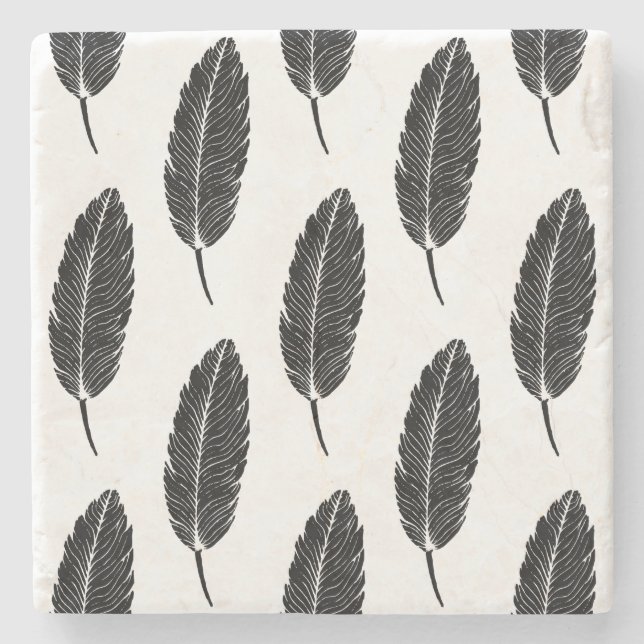 Black & White Rustic Feather Linocut Stone Coaster (Front)