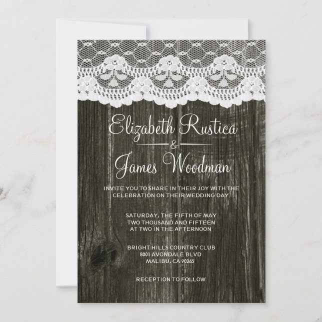 Black White Rustic Lace Wood Wedding Invitations (Front)
