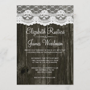 Black White Rustic Lace Wood Wedding Invitations