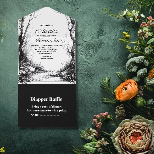 Black White Rustic Woodland Adventure Baby Shower All In One Invitation (Creator Uploaded)