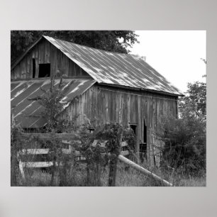 Black & White Rusty Old Farm Behind a Fence 16x20 Poster