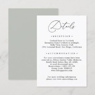 Black & White Sage Green Wedding Info Details Enclosure Card