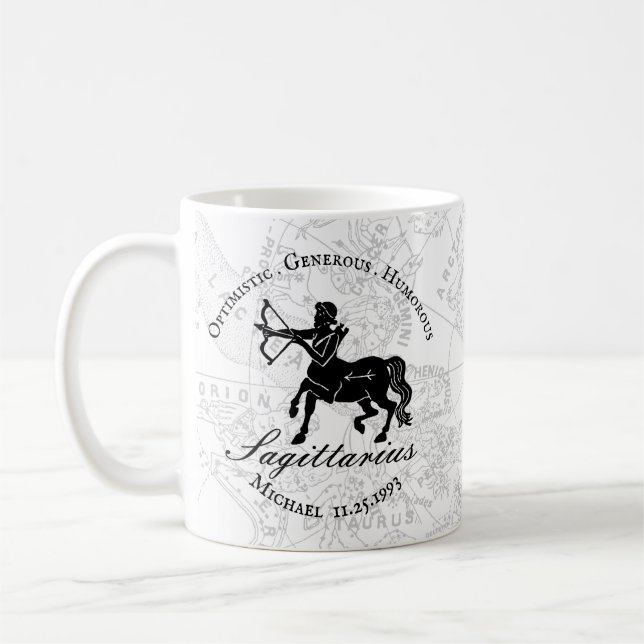 Black White Sagittarius Zodiac Custom Birthday Coffee Mug (Left)
