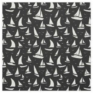 Black White Sailing Boats and Seagulls Pattern Fabric