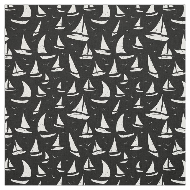Black White Sailing Boats and Seagulls Pattern Fabric (Swatch)