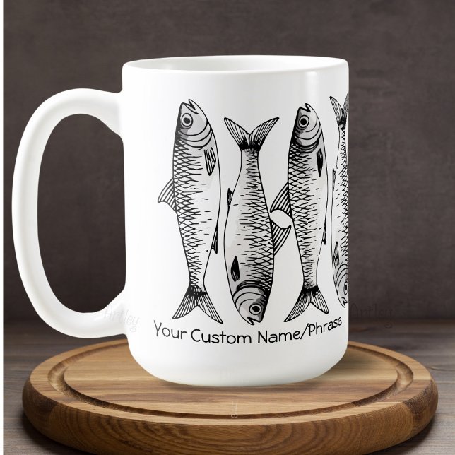 Black White Sardine Line-up Art Custom Name Phrase Coffee Mug (Creator Uploaded)