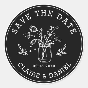 Black & White Save the Date Mason Jar Flowers Classic Round Sticker