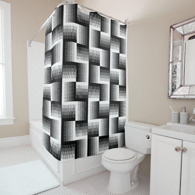 Black & White Sawtooth Gradient Pattern Shower Curtain (In Situ)