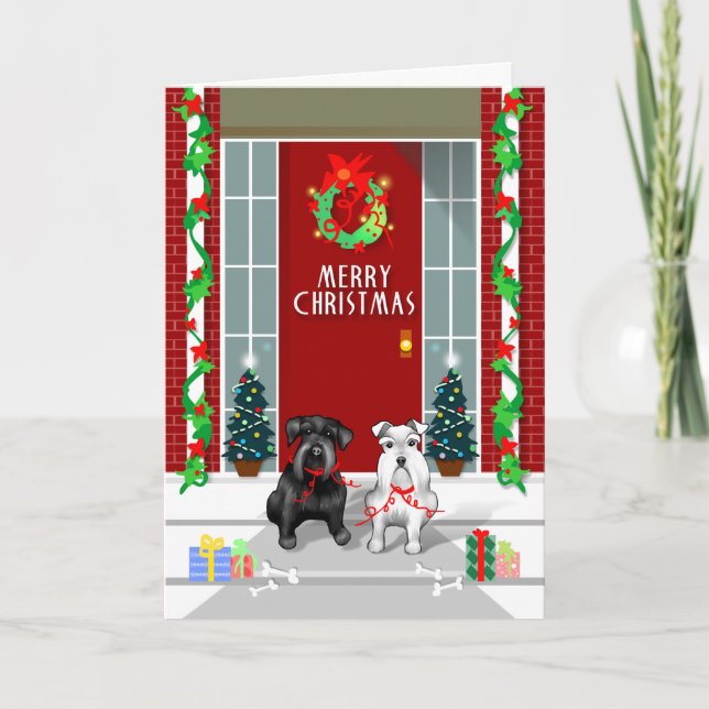 Black & White Schnauzer Merry Christmas Card (Front)