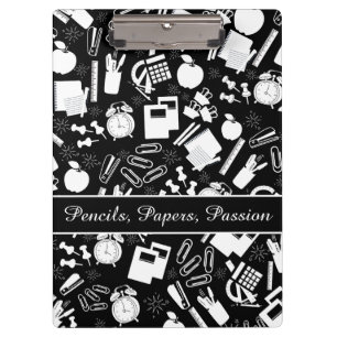 Black White school Supplies Pattern TeacherStudent Clipboard
