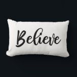 Black White Script Believen Christmas Lumbar Cushion<br><div class="desc">Believe Handwriting | Holiday Throw Pillow with black and white buffalo plaid pattern on the back. Modern farmhouse typography design by Blackberry Boulevard "Believe" written in a black script font on a solid white colour background. Other colours available in store. Perfect accent pillow for your holiday home decor.</div>