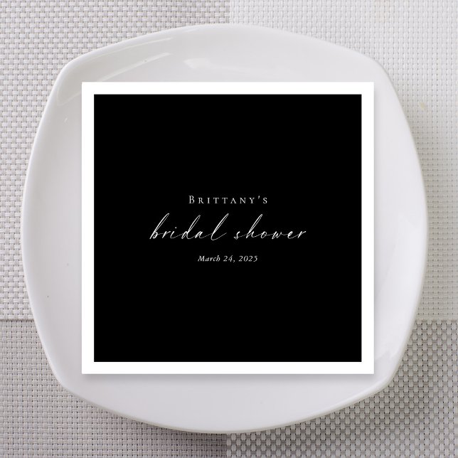Black White Script Bridal Shower Napkin (Black White Script Bridal Shower Napkins with Name and Date)