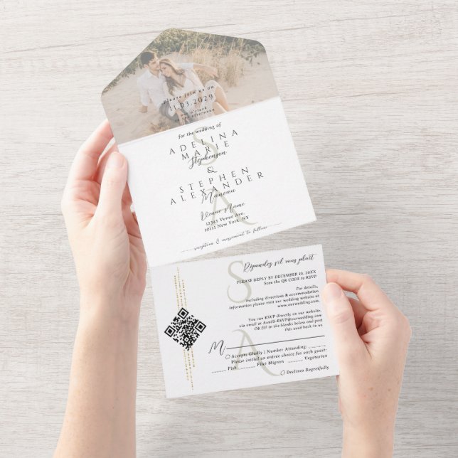 Black & White Script Contemporary Monogram Wedding All In One Invitation (Tearaway)