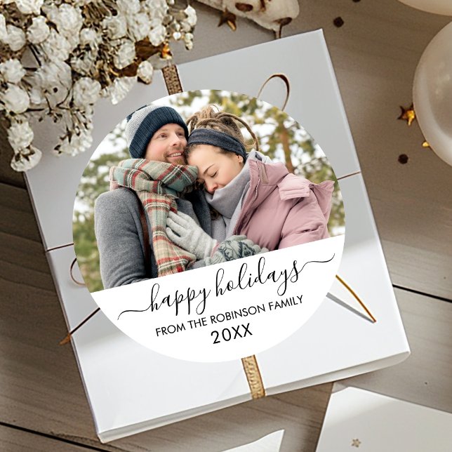 Black White Script Couple Photo Happy Holidays Classic Round Sticker (Creator Uploaded)
