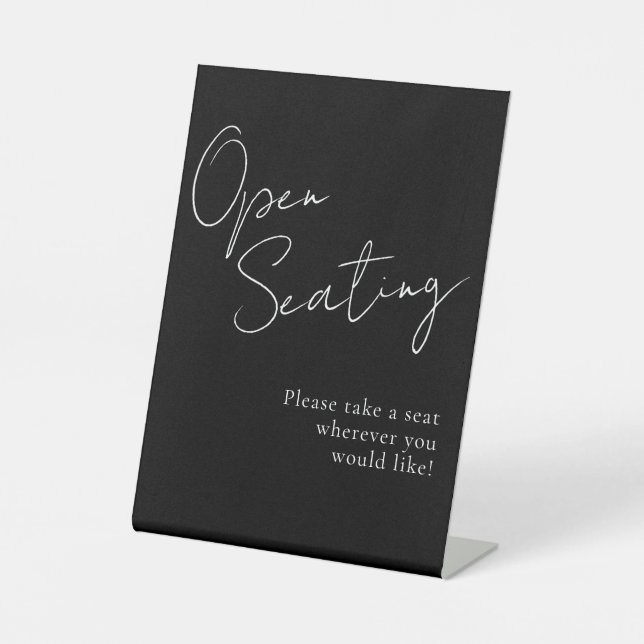 Black White Script Elegant Wedding Open Seating  Pedestal Sign (Front)