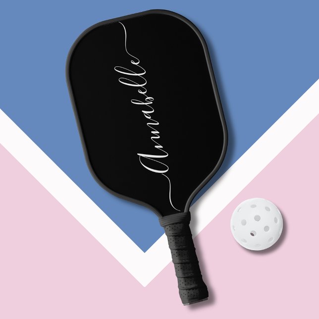 Black & White Script First Name Pickleball Paddle (Modern script name personalized pickleball paddle in black and white)