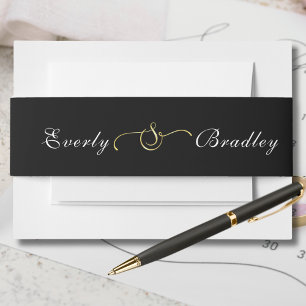 Black White Script Gold Ampersand Minimal Wedding  Invitation Belly Band