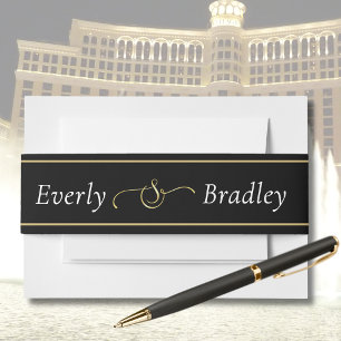 Black White Script Gold Border Ampersand Wedding Invitation Belly Band