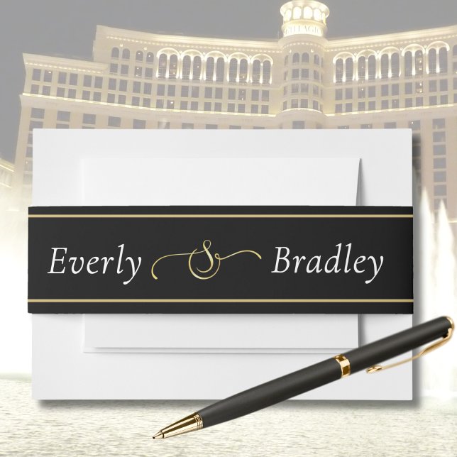 Black White Script Gold Border Ampersand Wedding   Invitation Belly Band (Creator Uploaded)
