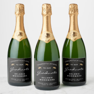 Black White Script Gold Cap Graduation Sparkling Wine Label