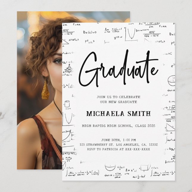 Black White Script Graduate Math Photo Graduation Invitation (Front/Back)