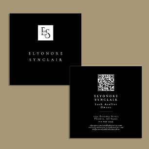 Black White Script Lashes Studio Logo QR Code  Square Business Card