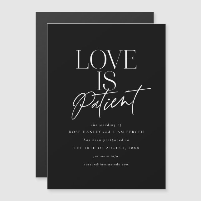 Black White Script Love Wedding Change the Date Magnetic Invitation (Front/Back)