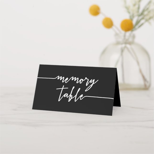 Black White Script Memory Table Place Card (Front)